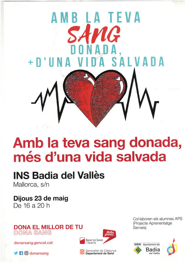 Cartell de recollida de sang a l'Institut de Badia del Valls.