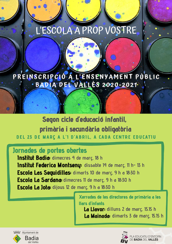 Cartell de preinscripci a l'ensenyament pblic a Badia del Valls 2020-21