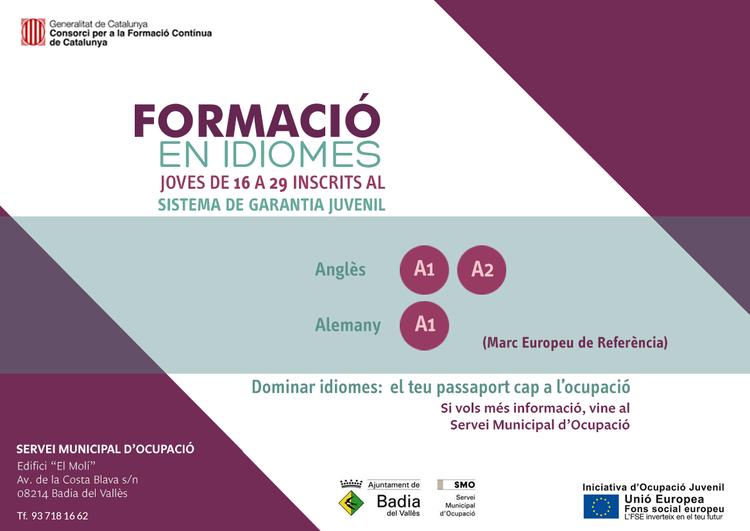 Cartell formaci&oacute; en idiomes per a joves inscrits al Sistema de Garantia Juvenil