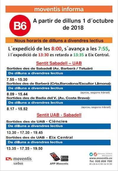 Avís dels nous horaris de la línia B6