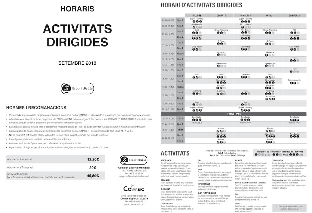 Horaris d'activitats dirigides al poliesportiu