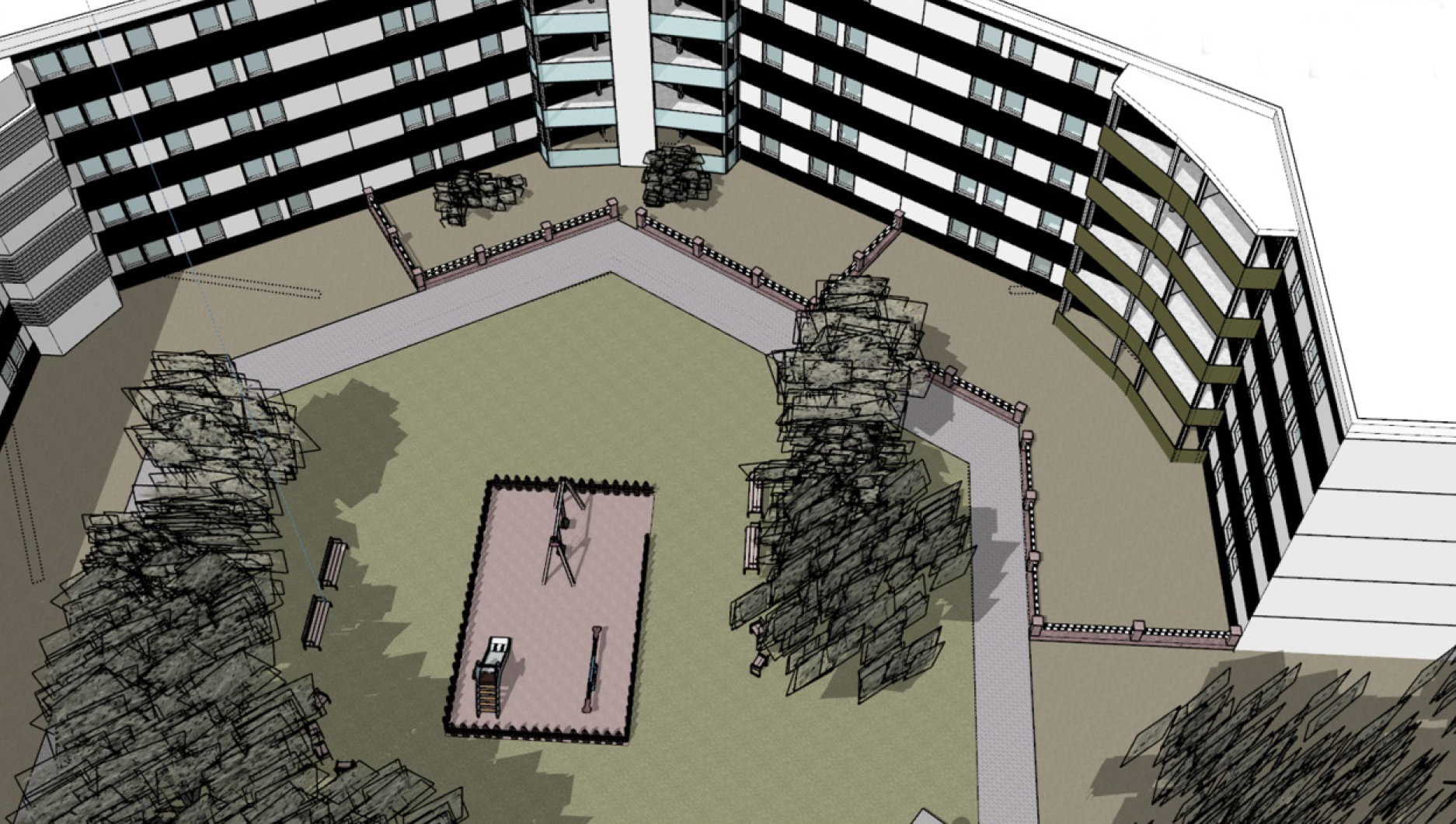 Imatge renderitzada de l'espai entre-blocs un cop finalitzades les obres.