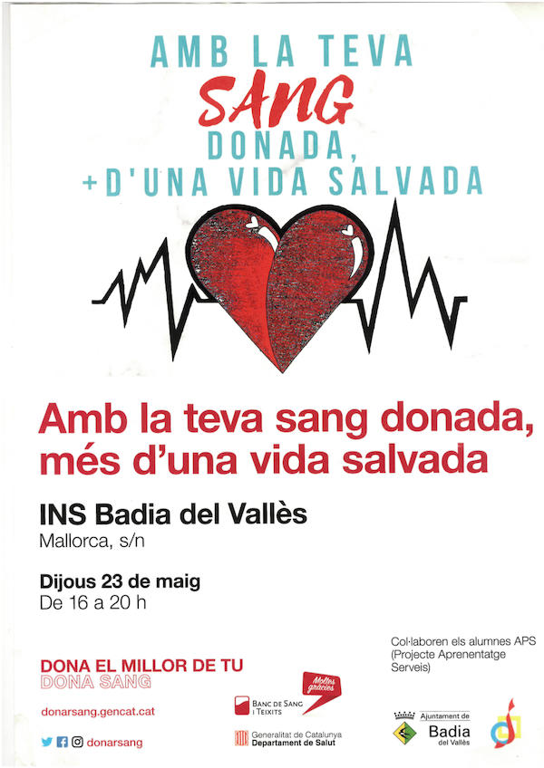 Cartell de recollida de sang a l'Institut de Badia del Vallès.