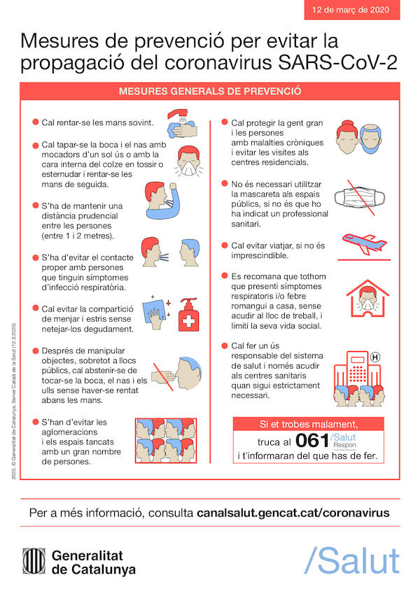 Mesures de prevenció per evitar la propagació del coronavirus SARS-CoV-2