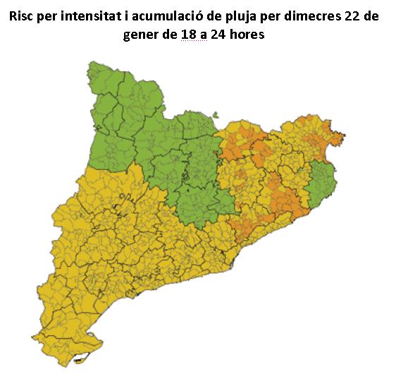 Previsió de pluges el 22 de gener, de 18 a 24 hores