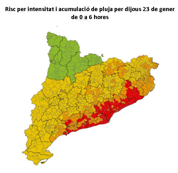 Previsió de pluges el 23 de gener, de 0 a 6 hores