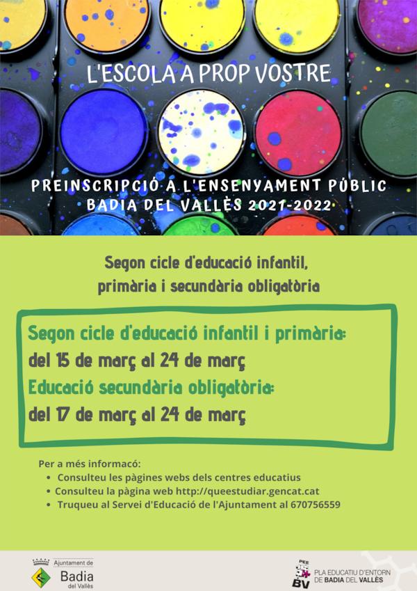 S´inicia el període de preinscripció per a segon cicle d´Educació Infantil, Primària i Secundària