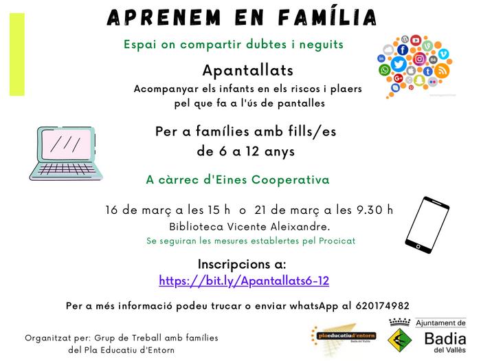 Apantallats, un taller per posar en comú dubtes sobre l´ús de dispositius amb pantalla, per a famílies amb infants de 6 a 12 anys