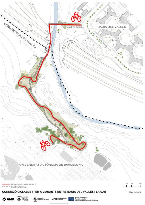 Mapa del carril bici entre Badia i la Universitat Autònoma