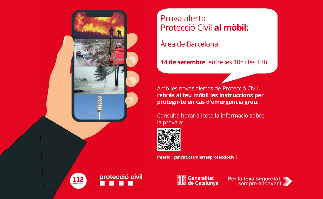 El 14 de setembre, a les 12 h, els mòbils a Badia rebran un missatge de prova del sistema d´alertes de Protecció Civil