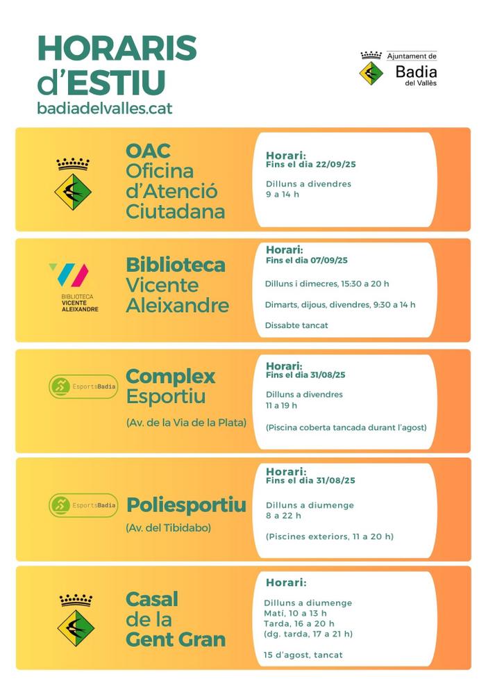 Horaris d'estiu 2025 als equipaments municipals de Badia