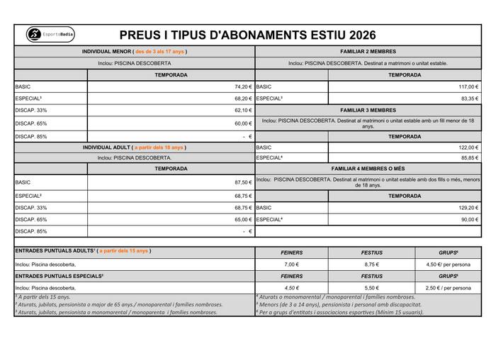 Preus d'estiu a la piscina