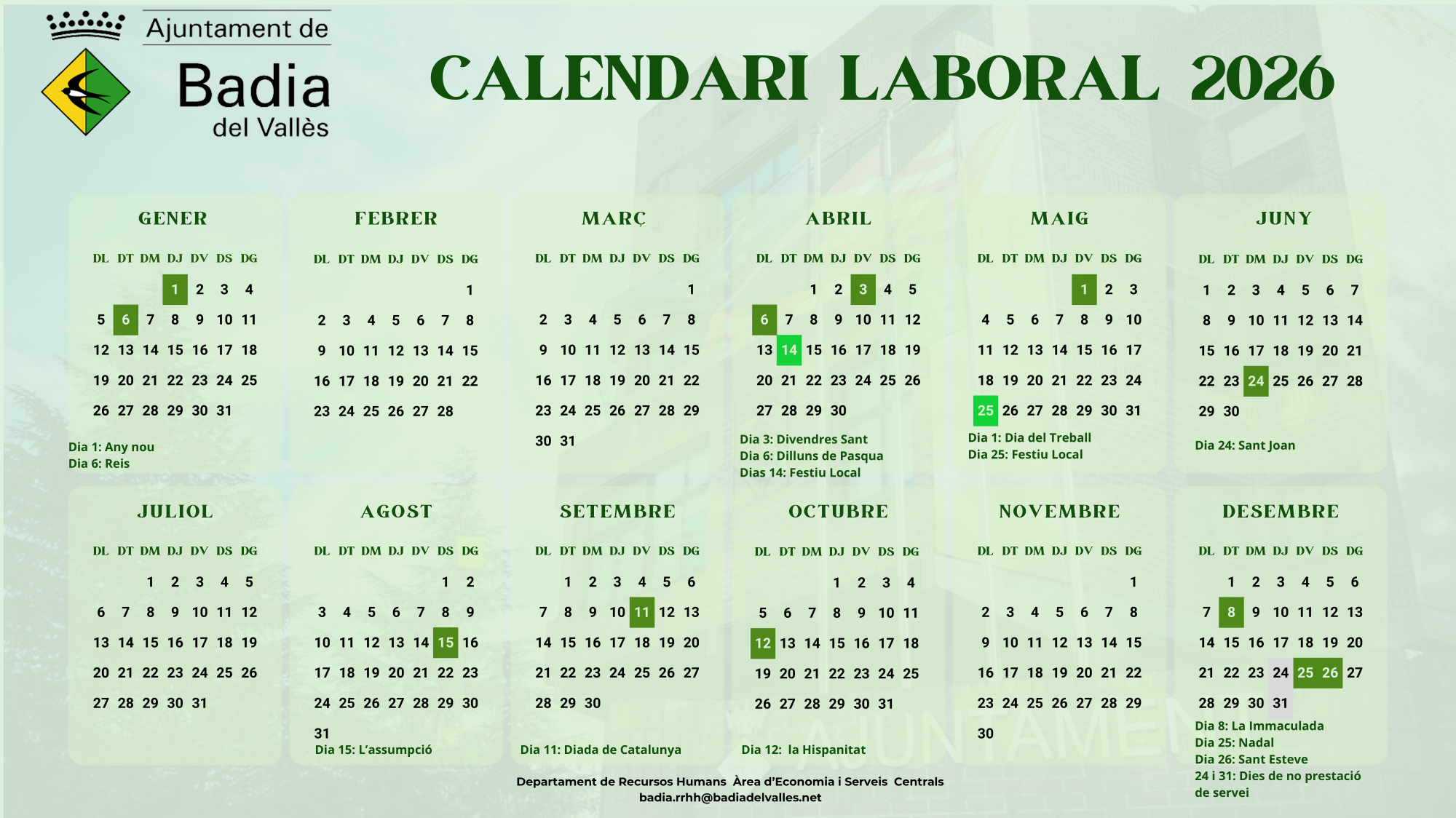 Calendari laboral de l'Ajuntament de Badia del Vall&egrave;s 2026