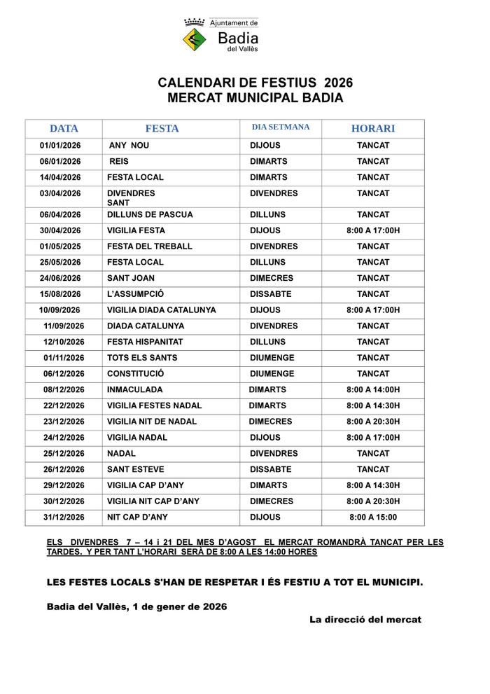 Calendari Mercat Municipal 2026