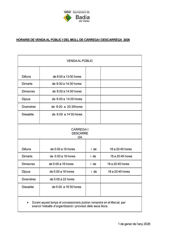 Horari Mercat Municipal 2026